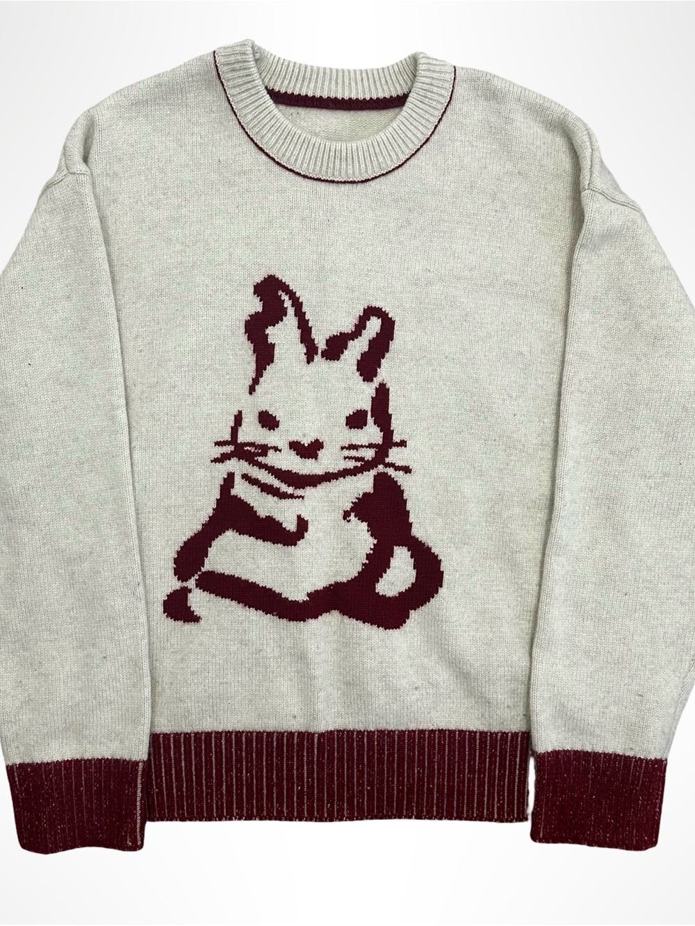 Cute Vintage Style Knit Rabbit Graphic Sweater Beige & Maroon Trim